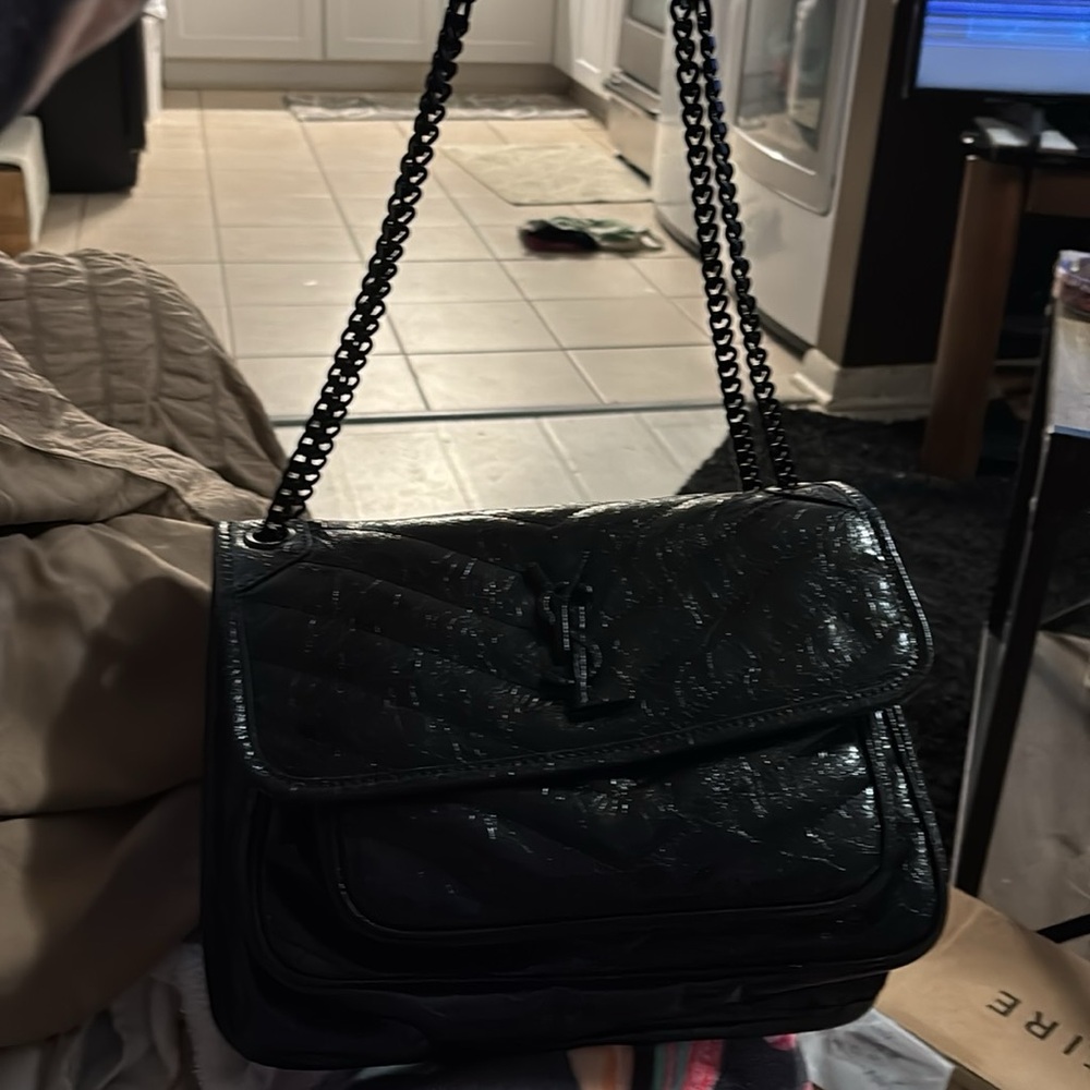 Saint Laurent YSL Niki Glossy Black Quilted Crinkled Leather Shoulder Bag